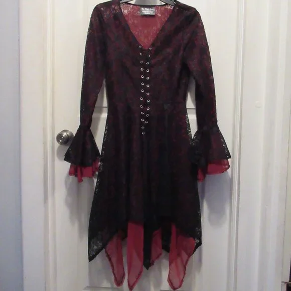 cool long woman in a black dress Burgundy Red and Black Goth Fairy Bra Babydoll Dress Knee Length Dress main image 0
